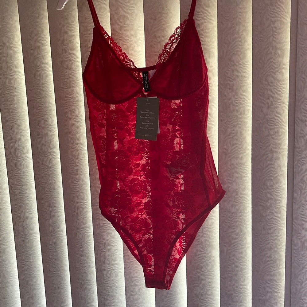 Red floral printed mesh bodysuit size small